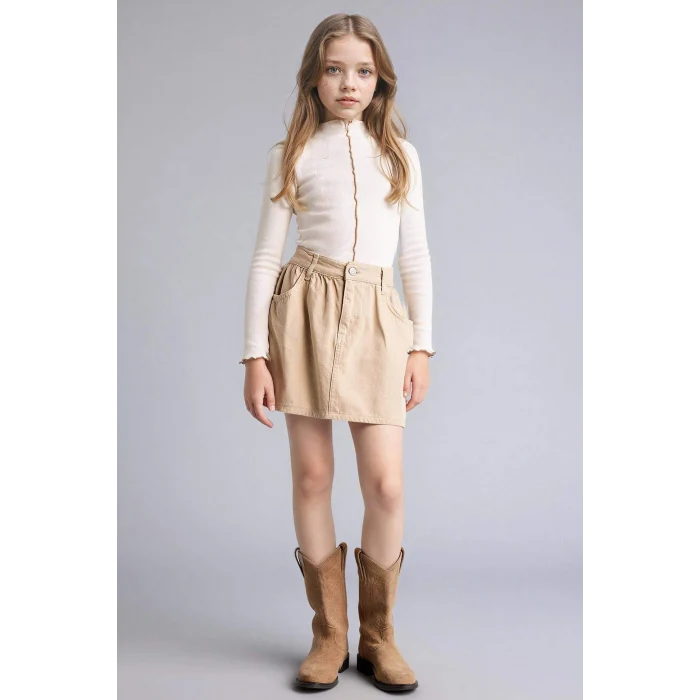 Defacto G7705A8ER105 Ekru Yarım Balıkçı Yaka Ribana Tişört Kız Çocuk