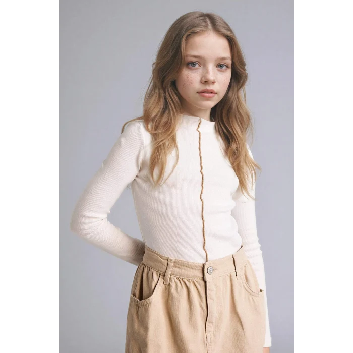 Defacto G7705A8ER105 Ekru Yarım Balıkçı Yaka Ribana Tişört Kız Çocuk