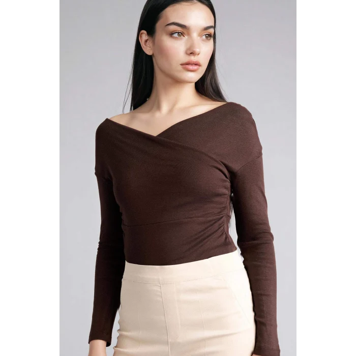 Defacto G7805AXBN267 Kahve Slım Fıt Wrap Yaka Ribana Uzun Kollu Tişört