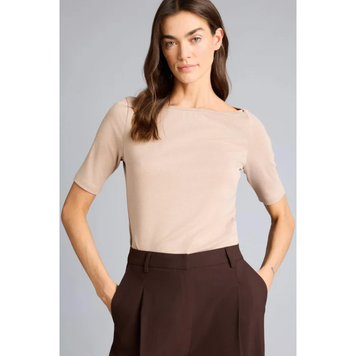 Defacto G9547AXBG260 Bej Slım Fıt Kayık Yaka Ribana Tişört