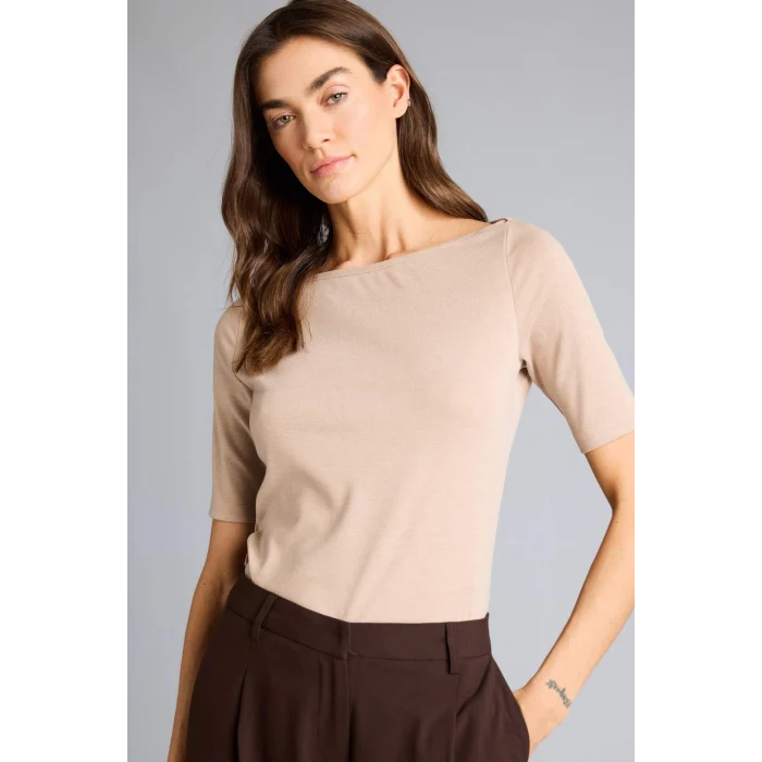 Defacto G9547AXBG260 Bej Slım Fıt Kayık Yaka Ribana Tişört
