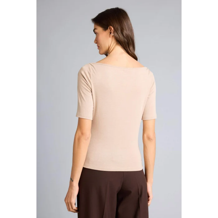 Defacto G9547AXBG260 Bej Slım Fıt Kayık Yaka Ribana Tişört