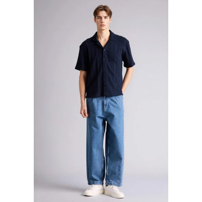 Defacto F8615AXNV64 Lacivert Boxy Fıt Apaş Yaka Kısa Kollu Gömlek