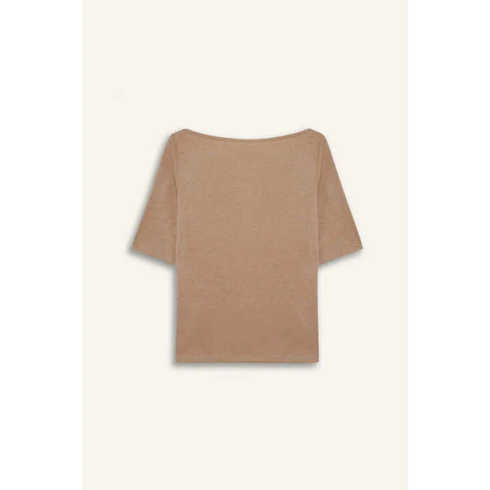 Defacto G9547AXBG260 Bej Slım Fıt Kayık Yaka Ribana Tişört