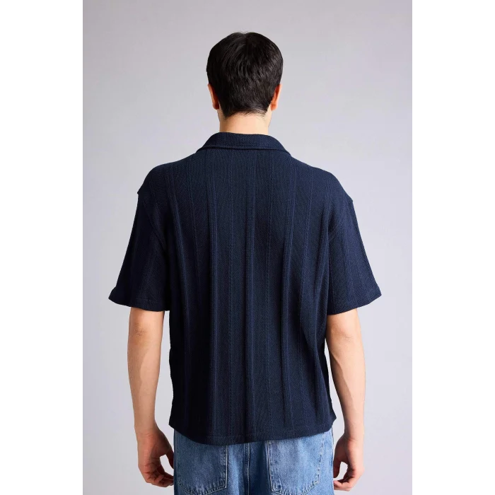 Defacto F8615AXNV64 Lacivert Boxy Fıt Apaş Yaka Kısa Kollu Gömlek