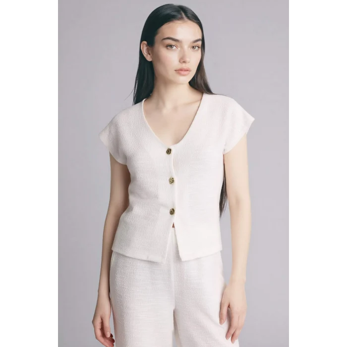 Defacto H0561AXER105 Ekru Regular Fıt V Yaka Kısa Kollu Tişört