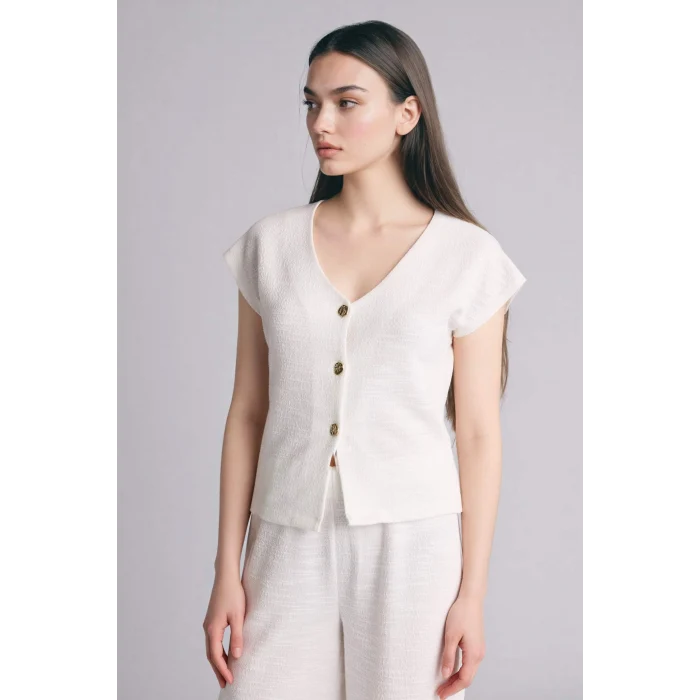 Defacto H0561AXER105 Ekru Regular Fıt V Yaka Kısa Kollu Tişört