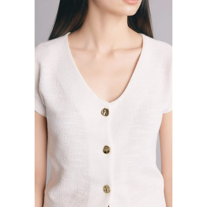 Defacto H0561AXER105 Ekru Regular Fıt V Yaka Kısa Kollu Tişört