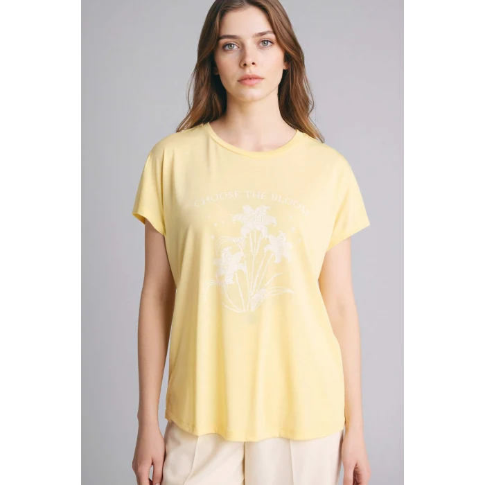 Defacto G9258AXYL507 Sarı Bisiklet Yaka Çiçekli Kısa Kollu Tişört