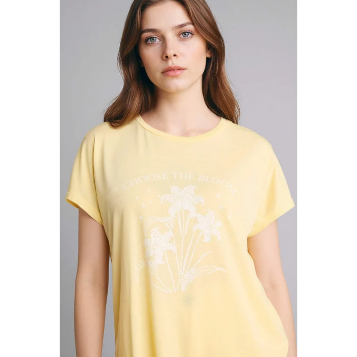 Defacto G9258AXYL507 Sarı Bisiklet Yaka Çiçekli Kısa Kollu Tişört