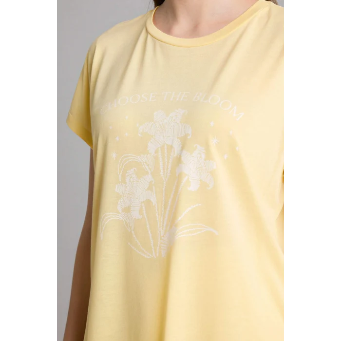 Defacto G9258AXYL507 Sarı Bisiklet Yaka Çiçekli Kısa Kollu Tişört