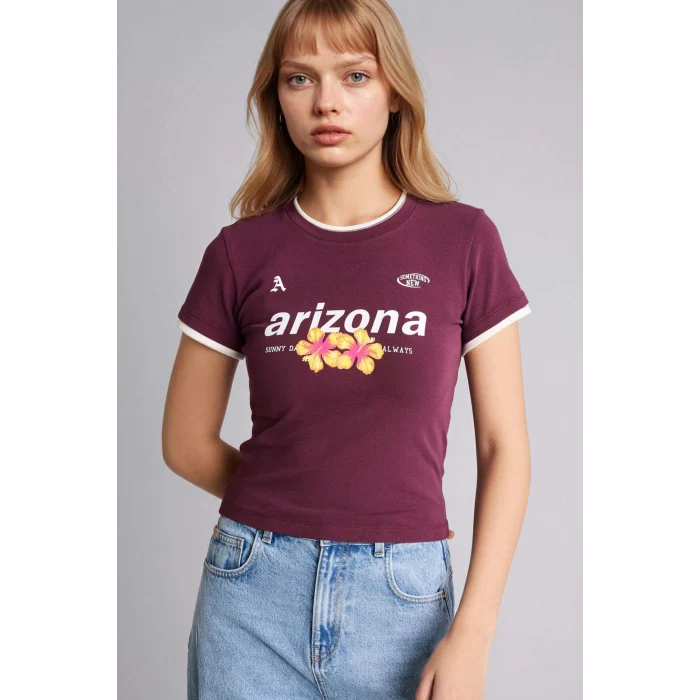 Defacto G2511AXBR232 Bordo Fıtted Baskılı Ribana Tişört