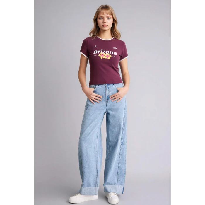 Defacto G2511AXBR232 Bordo Fıtted Baskılı Ribana Tişört