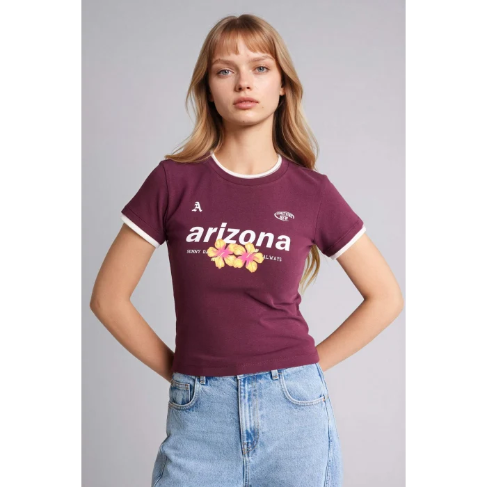 Defacto G2511AXBR232 Bordo Fıtted Baskılı Ribana Tişört