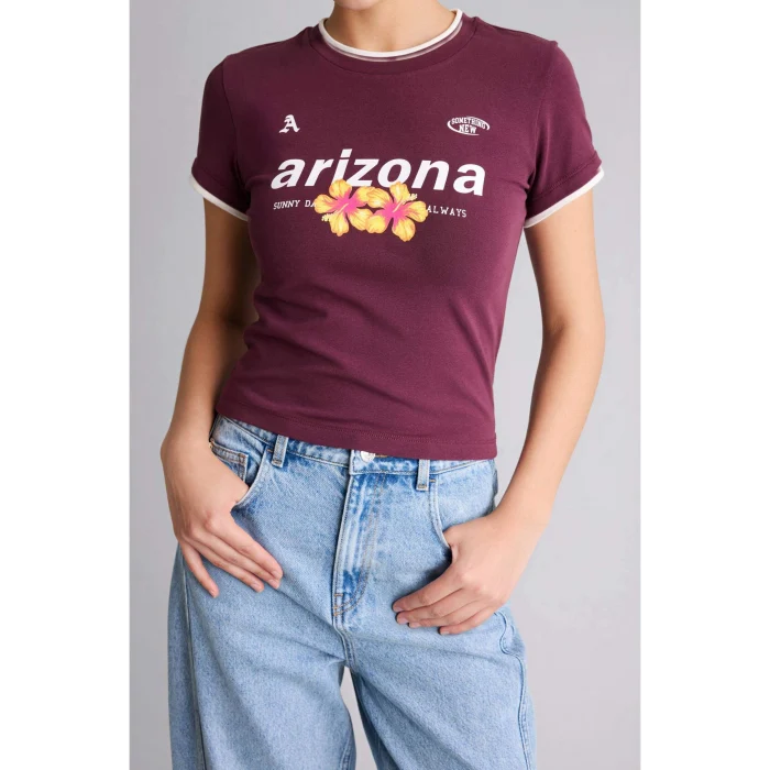 Defacto G2511AXBR232 Bordo Fıtted Baskılı Ribana Tişört