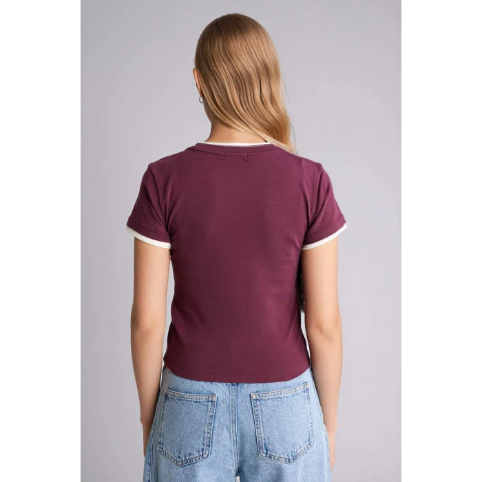 Defacto G2511AXBR232 Bordo Fıtted Baskılı Ribana Tişört