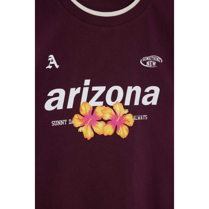 Defacto G2511AXBR232 Bordo Fıtted Baskılı Ribana Tişört