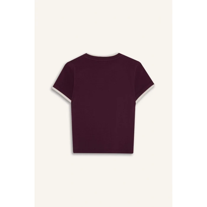 Defacto G2511AXBR232 Bordo Fıtted Baskılı Ribana Tişört