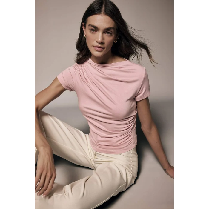 Defacto E7016AXPN186 Pembe Slım Fıt Kayık Yaka Tişört