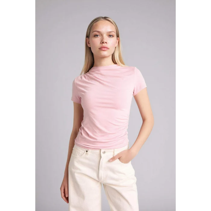 Defacto E7016AXPN186 Pembe Slım Fıt Kayık Yaka Tişört