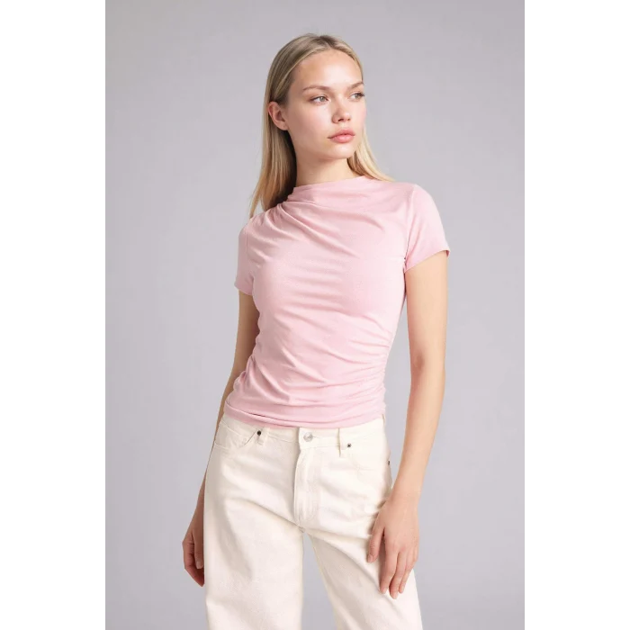 Defacto E7016AXPN186 Pembe Slım Fıt Kayık Yaka Tişört