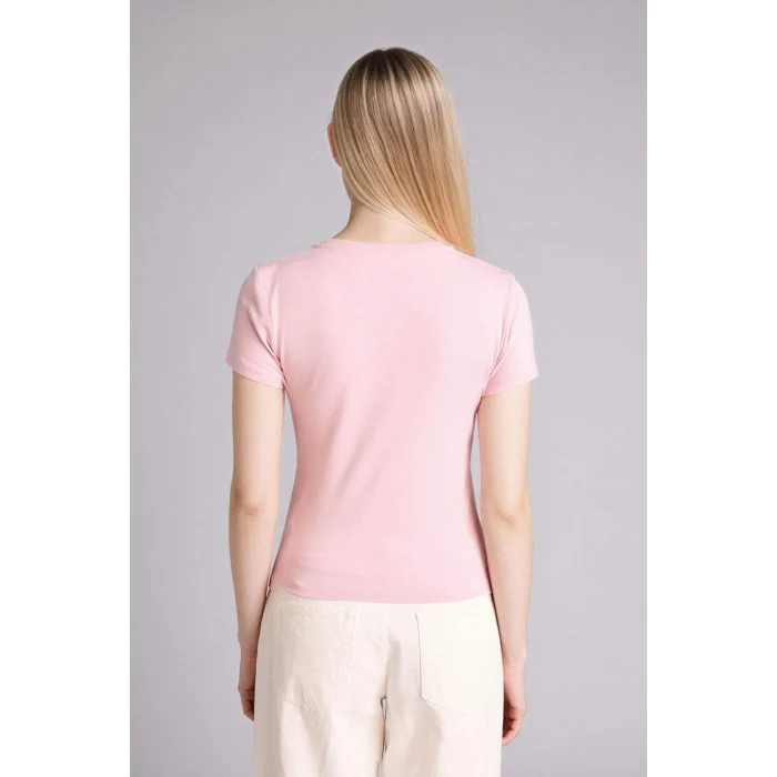 Defacto E7016AXPN186 Pembe Slım Fıt Kayık Yaka Tişört