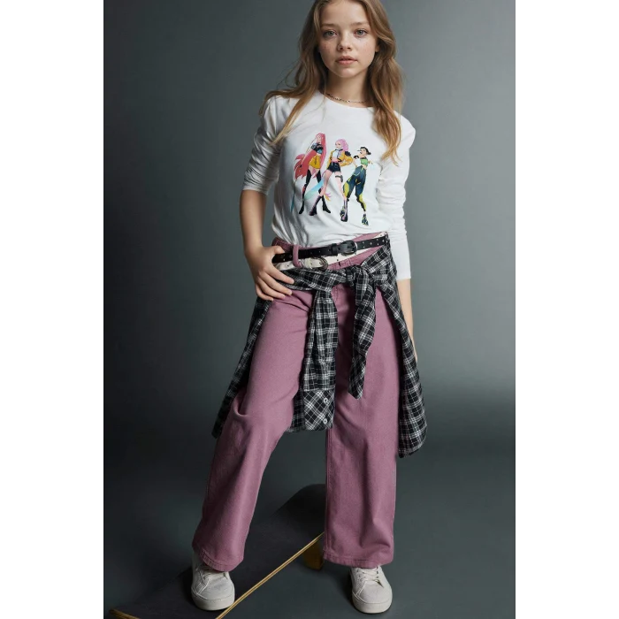 Defacto H3838A8ER105 Ekru Kpop - Demon Hunters Slım Fıt Tişört Kız Çocuk