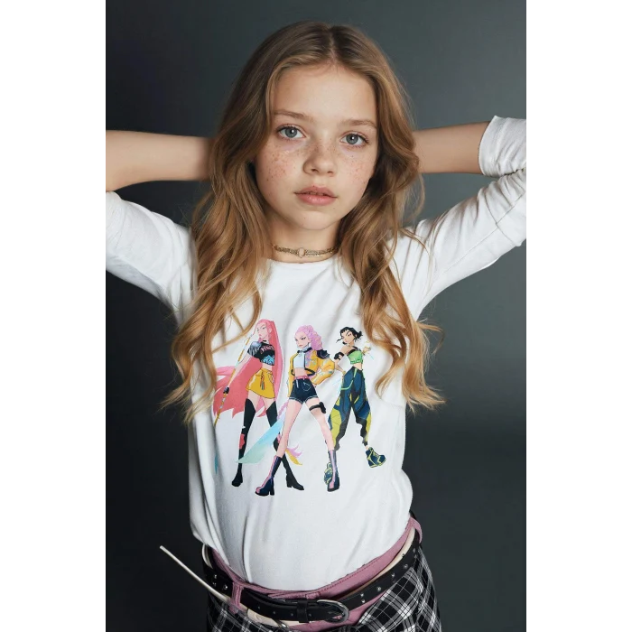 Defacto H3838A8ER105 Ekru Kpop - Demon Hunters Slım Fıt Tişört Kız Çocuk