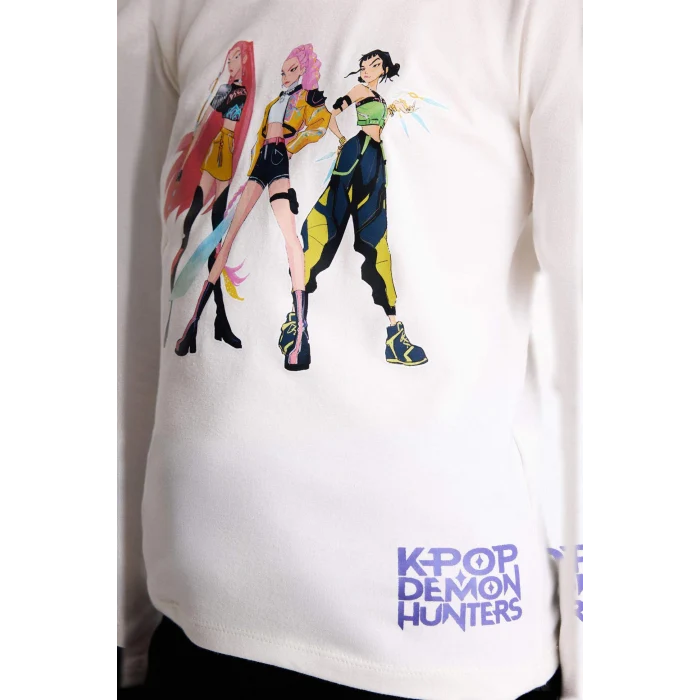 Defacto H3838A8ER105 Ekru Kpop - Demon Hunters Slım Fıt Tişört Kız Çocuk