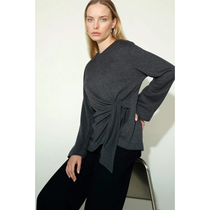 Defacto G2798AXAR169 Antrasit Regular Fit Bağlamalı Tişört