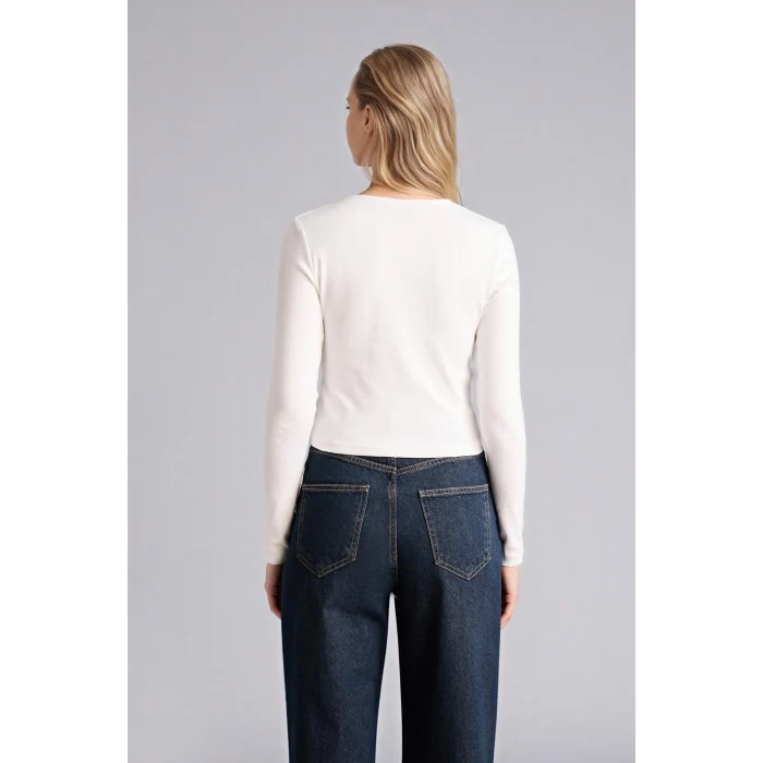 Defacto H0169AXWT32 Beyaz Fıtted Bisiklet Yaka Nakış Baskı Baskılı Ribana Uzun Kollu Tişört