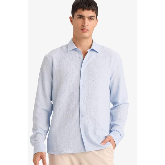 Defacto D7246AXBE177 Mavi Modern Fıt Polo Yaka Dokuma Uzun Kollu Gömlek