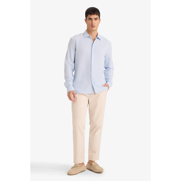 Defacto D7246AXBE177 Mavi Modern Fıt Polo Yaka Dokuma Uzun Kollu Gömlek