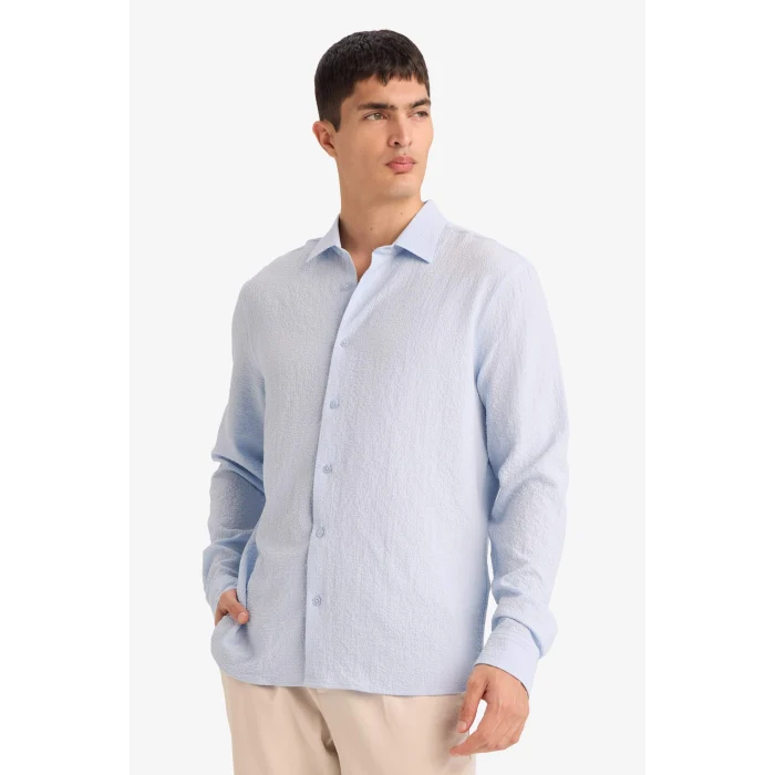 Defacto D7246AXBE177 Mavi Modern Fıt Polo Yaka Dokuma Uzun Kollu Gömlek