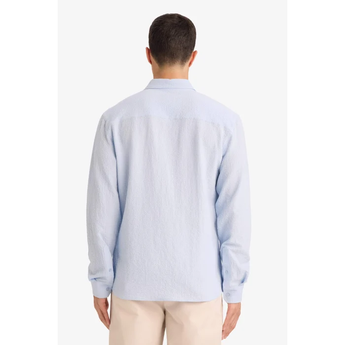 Defacto D7246AXBE177 Mavi Modern Fıt Polo Yaka Dokuma Uzun Kollu Gömlek