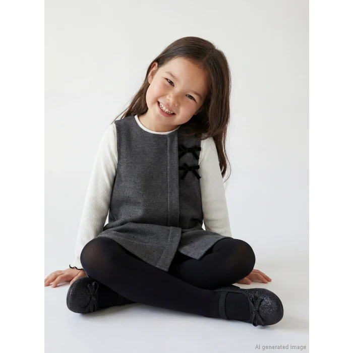 LCW Kids Antrasit Bisiklet Yaka Kız Çocuk Taşlı Elbise ve Tişört