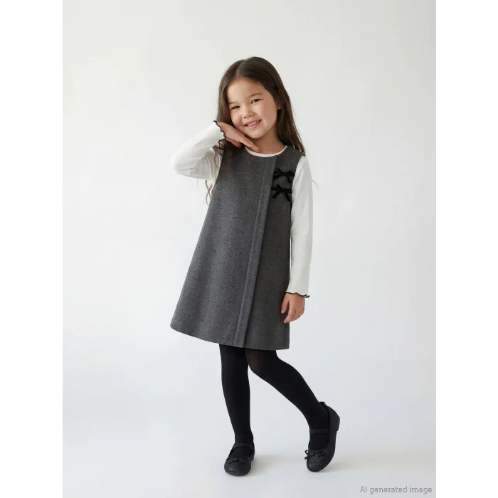 LCW Kids Antrasit Bisiklet Yaka Kız Çocuk Taşlı Elbise ve Tişört