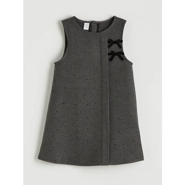 LCW Kids Antrasit Bisiklet Yaka Kız Çocuk Taşlı Elbise ve Tişört