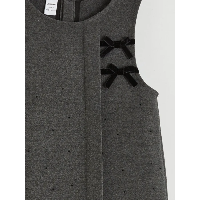 LCW Kids Antrasit Bisiklet Yaka Kız Çocuk Taşlı Elbise ve Tişört