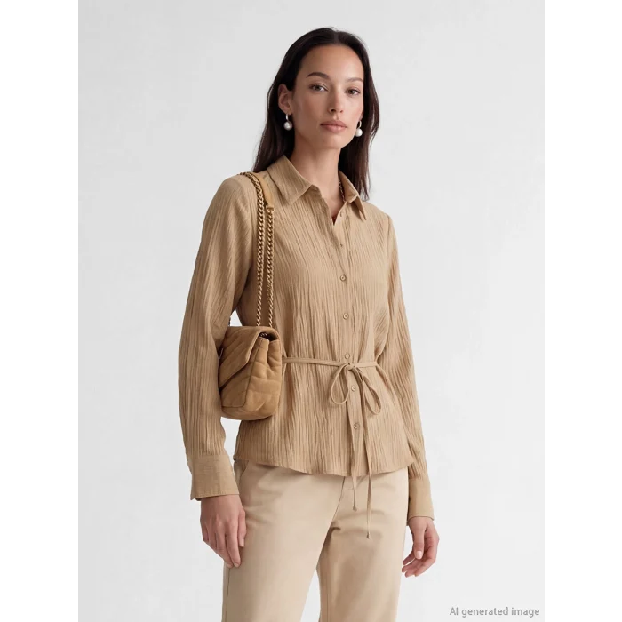 LCW EVERYDAY Haki Kuşaklı Kadın Gofre Gömlek