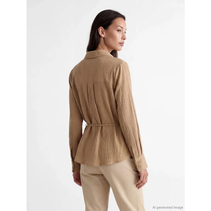 LCW EVERYDAY Haki Kuşaklı Kadın Gofre Gömlek