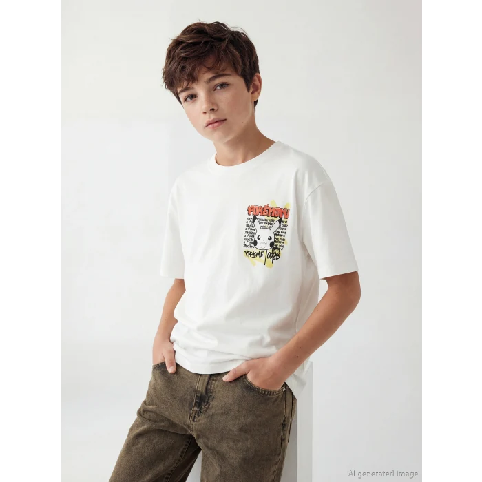 LCW Kids Ekru Pikachu Baskılı Erkek Çocuk Tişört