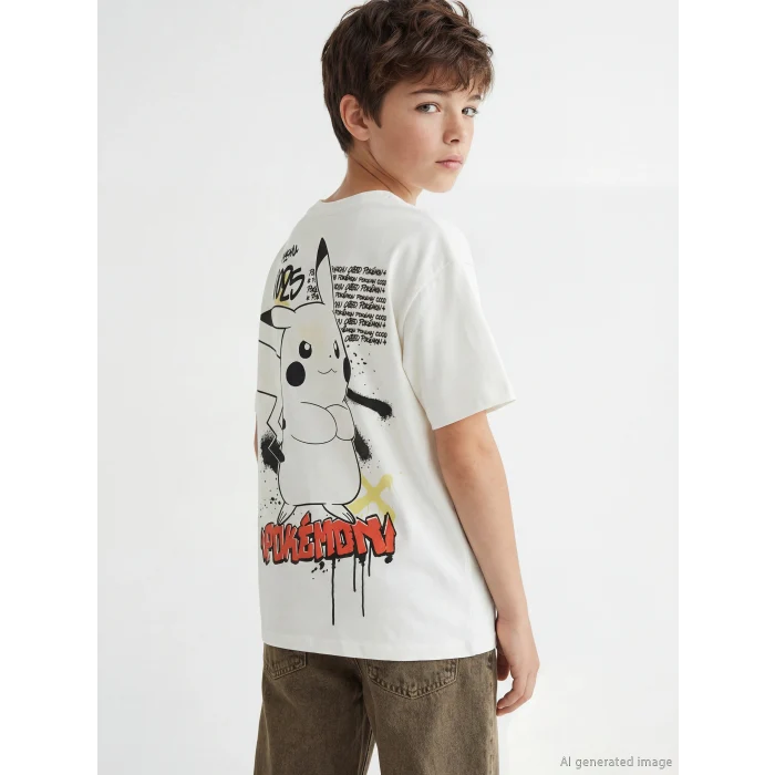 LCW Kids Ekru Pikachu Baskılı Erkek Çocuk Tişört