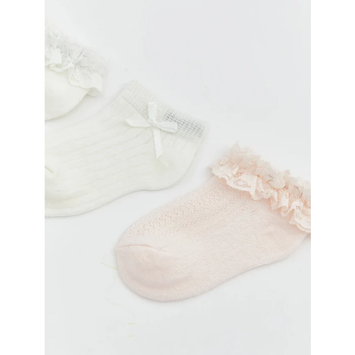 LCW Kids Ekru Desenli Kız Bebek Patik Çorap 3lü