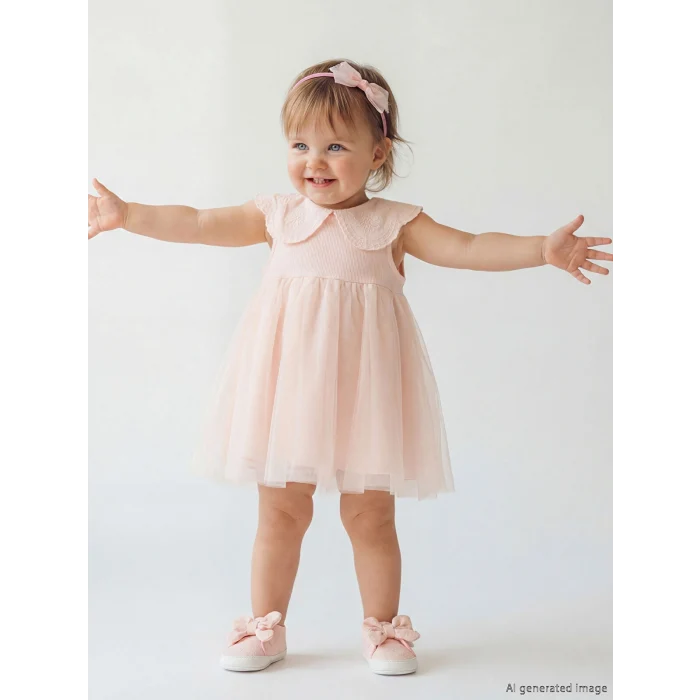 LCW baby Pembe Bebe Yaka Tül Detaylı Kız Bebek Elbise