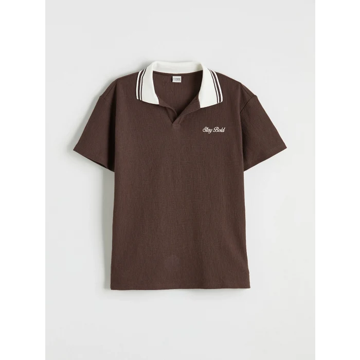 LCW Kids Kahverengi Polo Yaka Nakışlı Erkek Çocuk Tişört