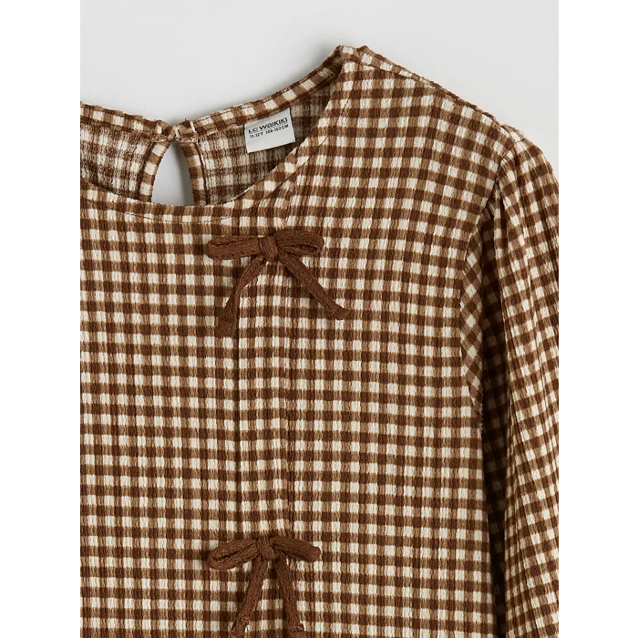 LCW Kids Ekru Fiyonk Detaylı Ekose Kız Çocuk Elbise