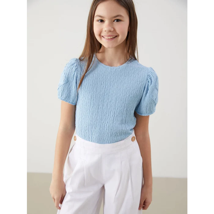 LCW Kids Mavi Bisiklet Yaka Dokulu Kız Çocuk Tişört