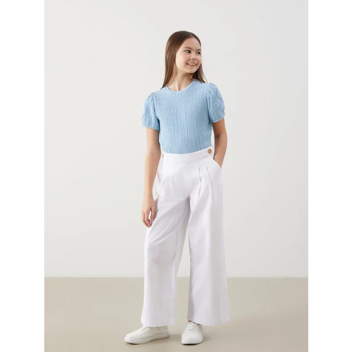 LCW Kids Mavi Bisiklet Yaka Dokulu Kız Çocuk Tişört