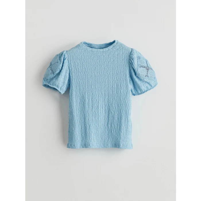 LCW Kids Mavi Bisiklet Yaka Dokulu Kız Çocuk Tişört